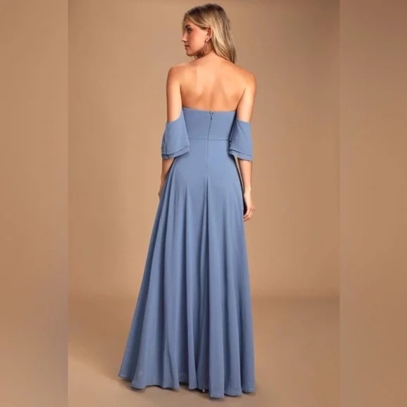 LULUS | Abbington Denim Blue Off-the-Shoulder Maxi Dress in Size Small - Picture 4 of 8